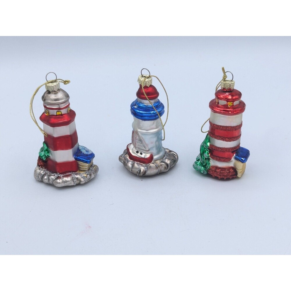 Lot of 3 Vintage Blown Glass Lighthouse Christmas Ornaments Hand Painted Glitter